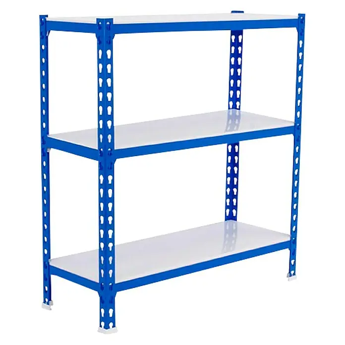 Simonrack Simonclick Metallregal Simonclick Super Plus - H x B x T: 90 x 110 x 30 cm, Traglast pro Boden: 200 kg, Anzahl Böden: 3 Stk., Stecken, Blau/Weiß - Abbildung eines blauen Schwerlastregals mit drei weißen Regalböden, ideal für Lagerung und Ordnung.