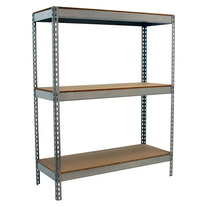 Simonrack Simonforte Schwerlastregal Simonforte Chipboard - H x B x T: 150 x 120 x 45 cm, Traglast pro Boden: 600 kg, Anzahl Böden: 3 Stk., Stecken, Silber - Dieses Bild zeigt ein Regal mit drei Holzebenen und einem grauen Metallrahmen. Es ist ideal zur Aufbewahrung im Haus oder im Büro.