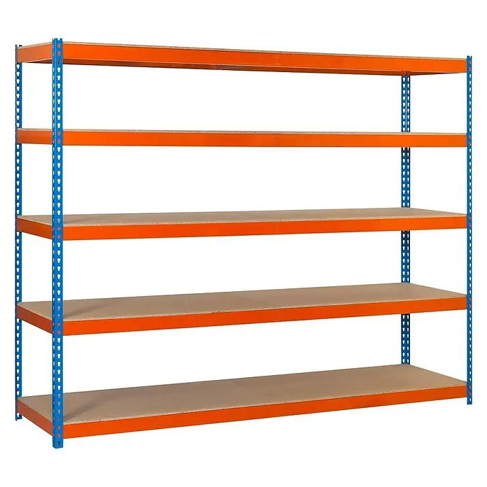 Simonrack Simonforte Schwerlastregal Simonforte Chipboard - H x B x T: 200 x 240 x 60 cm, Traglast pro Boden: 400 kg, Anzahl Böden: 5 Stk., Stecken, Blau/Orange - Aufnahme des Regalsystems mit fünf Regalen, das Lagerfläche bietet und eine robuste Organisation ermöglicht.