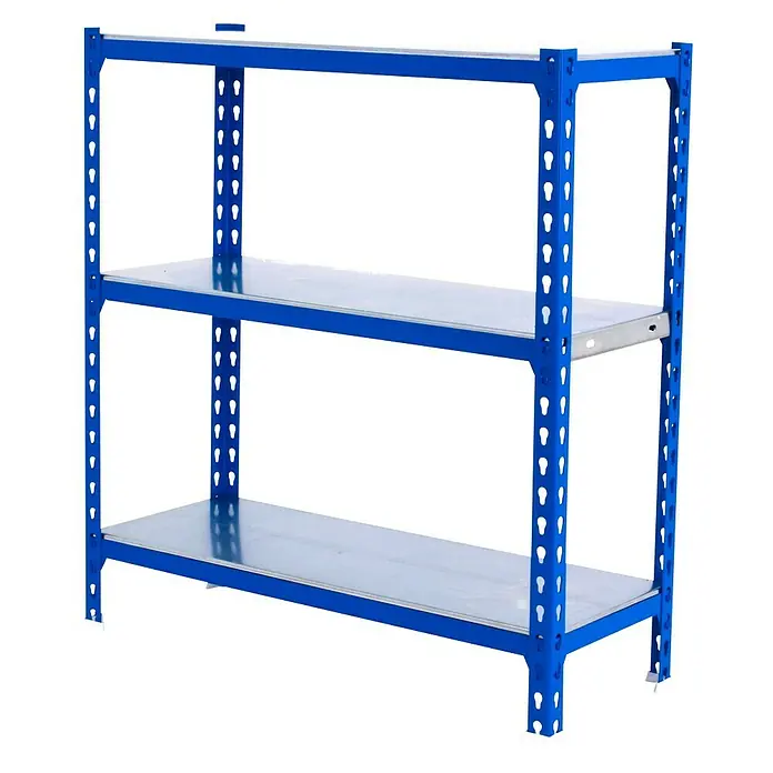 Simonrack Simonclick Metallregal Simonclick Plus - H x B x T: 100 x 90 x 30 cm, Traglast pro Boden: 180 kg, Anzahl Böden: 3 Stk., Stecken, Blau/Silber - Ein robustes, blaues Regal mit drei Ebenen und weißen Einlegeböden, ideal für Lagerung und Organisation.