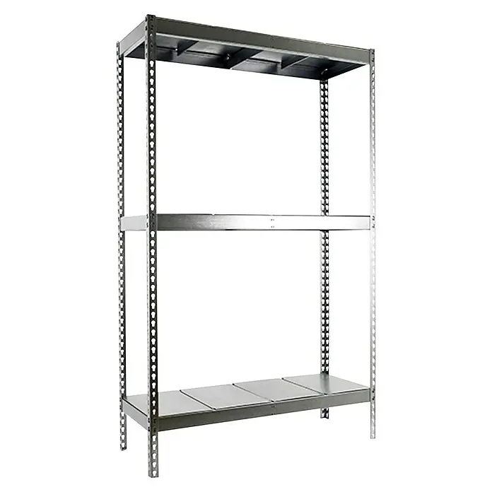 Simonrack Simontaller Schwerlastregal Ecoforte Metall - H x B x T: 200 x 150 x 60 cm, Traglast pro Boden: 400 kg, Anzahl Böden: 3 Stk., Stecken, Silber - Abbildung eines robusten Metallregals mit drei Ebenen, ideal für Lagerung und Organisation. Das Regal ist stabil und langlebig.
