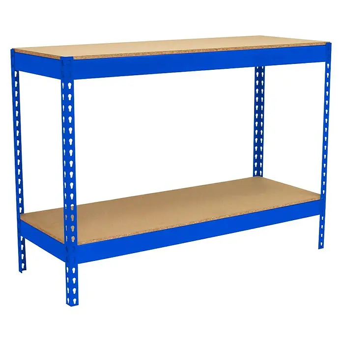 Simonrack Simonwork Werkbank Basic 2 - L x B: 45 x 120 cm, Arbeitshöhe: 90 cm, Belastbarkeit: 400 kg, Blau - Produktfoto eines blauen Metallregals mit zwei Holzablagen. Das Regal bietet Stauraum und ist ideal für Garage oder Lager.