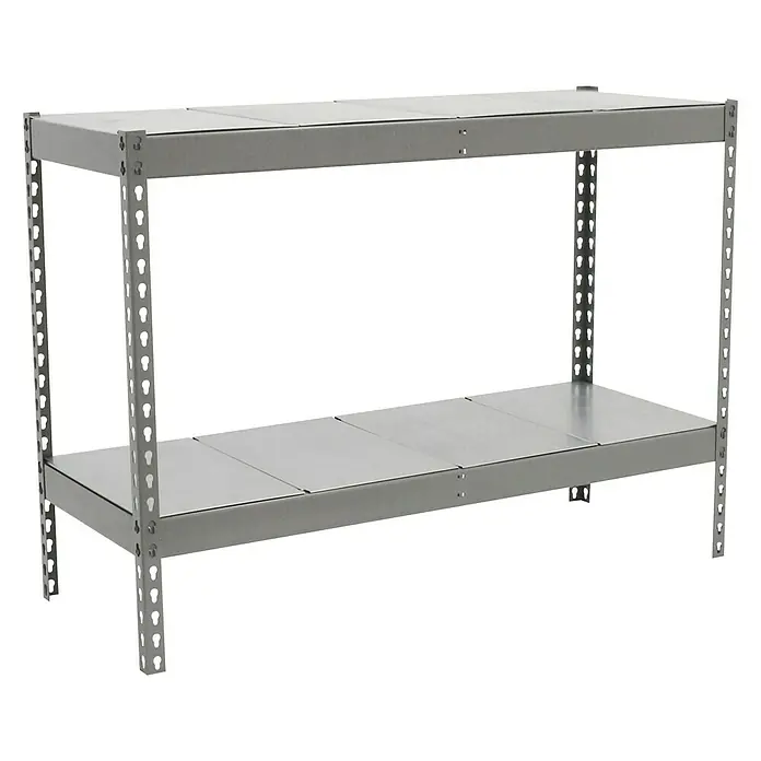 Simonrack Simonforte Schwerlastregal Simonforte Metall - H x B x T: 90 x 150 x 60 cm, Traglast pro Boden: 600 kg, Anzahl Böden: 2 Stk., Stecken, Silber/Silber - Das Bild zeigt ein graues, zweistöckiges Lagerregal mit Metallrahmen und ebenen Flächen, ideal für Werkstätten oder Garagen.
