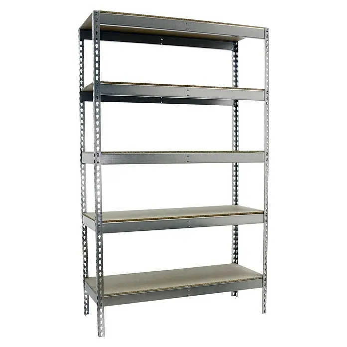 Simonrack Simonforte Estantería para cargas pesadas Chipboard - Al x An x Pr: 250 x 150 x 45 cm, Capacidad de carga por balda: 600 kg, Número de baldas: 5 ud., Inserción, Galvanizado - Imagen de una estantería metálica robusta con cinco estantes de madera, perfecta para almacenamiento y organización.