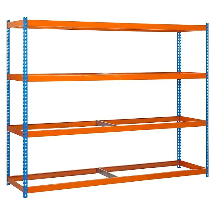 Simonrack Ecoforte Estantería para cargas pesadas Metal - Al x An x Pr: 200 x 180 x 75 cm, Número de baldas: 4 ud., Azul/Naranja, Capacidad de carga por balda: 400 kg - Estantería con cuatro niveles en naranja y azul. Esta estantería proporciona un amplio almacenamiento y es ideal para almacenes.