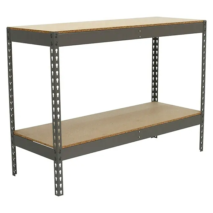 Simonrack Simonforte Schwerlastregal Simonforte Chipboard - H x B x T: 90 x 150 x 45 cm, Traglast pro Boden: 600 kg, Anzahl Böden: 2 Stk., Stecken, Grau - Regal mit zwei Spanplattenböden und einem stabilen, grauen Metallrahmen für Lagerung.