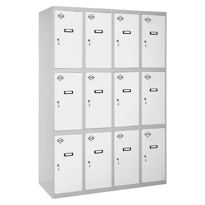 Simonrack Simonlocker Taquilla locker Doors - L x An x Al: 50 x 120 x 180 cm, Gris/Blanco, Número de puertas: 12 ud. - Vista de una fila de tres niveles de taquillas metálicas blancas con cerraduras y ventilaciones, ideales para vestuarios o escuelas.