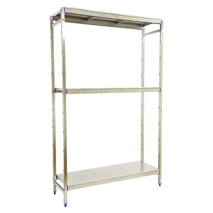 Simonrack Simoninox Metallregal Grundelement - H x B x T: 200 x 126 x 40 cm, Traglast pro Boden: 200 kg, Anzahl Böden: 3 Stk., Stecken, Material Boden: Edelstahl - Ein silbernes Metallregal mit drei Regalböden, ideal für Lagerung und Organisation. Robust und platzsparend.