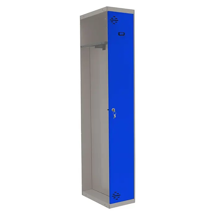 Simonrack Simonlocker Taquilla Prof. Single-Divider Adicional Desmontada - L x An x Al: 50 x 50 x 180 cm, Número de puertas: 1 ud., Gris/Azul - Taquilla individual con puerta azul y cerradura con llave. El interior de la taquilla está vacío y gris claro.