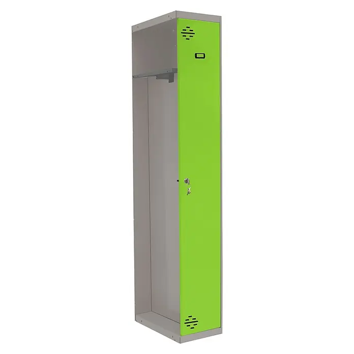Simonrack Simonlocker Taquilla Prof. Single-Divider Adicional Desmontada - L x An x Al: 50 x 50 x 180 cm, Número de puertas: 1 ud., Gris/Verde - Taquilla individual con puerta verde, ideal para instalaciones deportivas o escuelas. El interior está vacío, pero ofrece una barra.