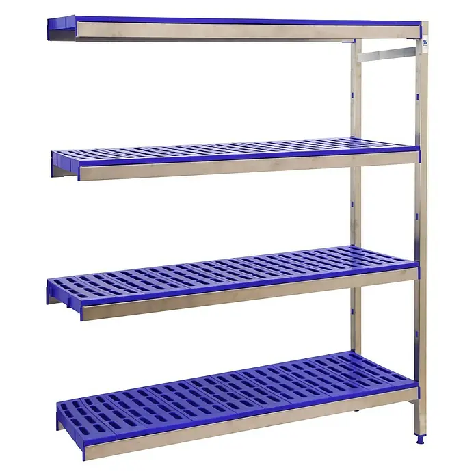 Simonrack Simoninox Metallregal Anbauelement - H x B x T: 160 x 86 x 40 cm, Traglast pro Boden: 180 kg, Anzahl Böden: 4 Stk., Stecken, Material Boden: Kunststoff - Abbildung eines blauen, begehbaren Kühlraums mit vier Regalebenen und einem silbernen Rahmen. Ideal zur Kühlung.