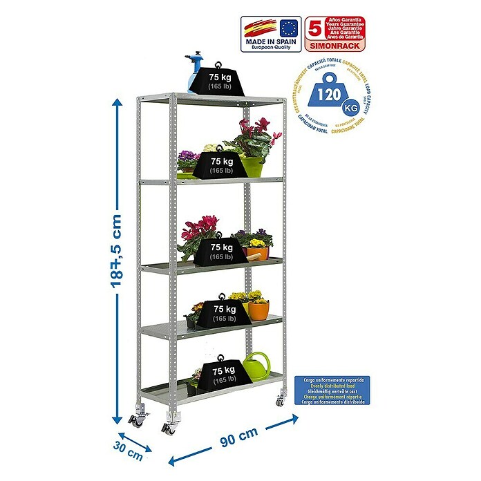 Simonrack Simongarden Estantería metálica Comfort Mobile (Al x An x Pr: 187,5 x 90 x 30 cm, Capacidad de carga: 375 kg, Número de baldas: 5 ud., Atornillado, Galvanizado) | BAUHAUS