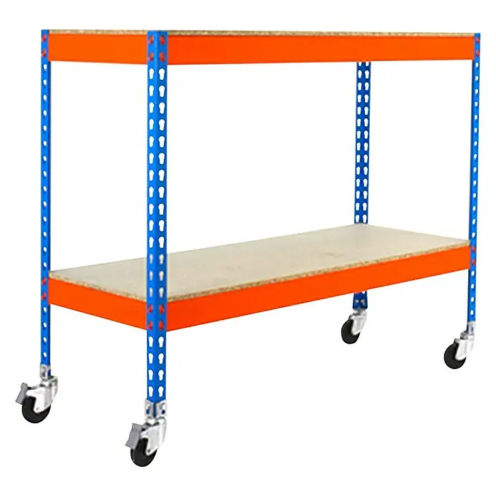 Simonrack Simonforte Estantería metálica Mobile Chipboard - Al x An x Pr: 97,5 x 120 x 60 cm, Inserción, Azul/Naranja, Capacidad de carga por balda: 75 kg - Estantería resistente de dos niveles sobre ruedas. La estantería es naranja con bastidores azules y tiene dos estantes.