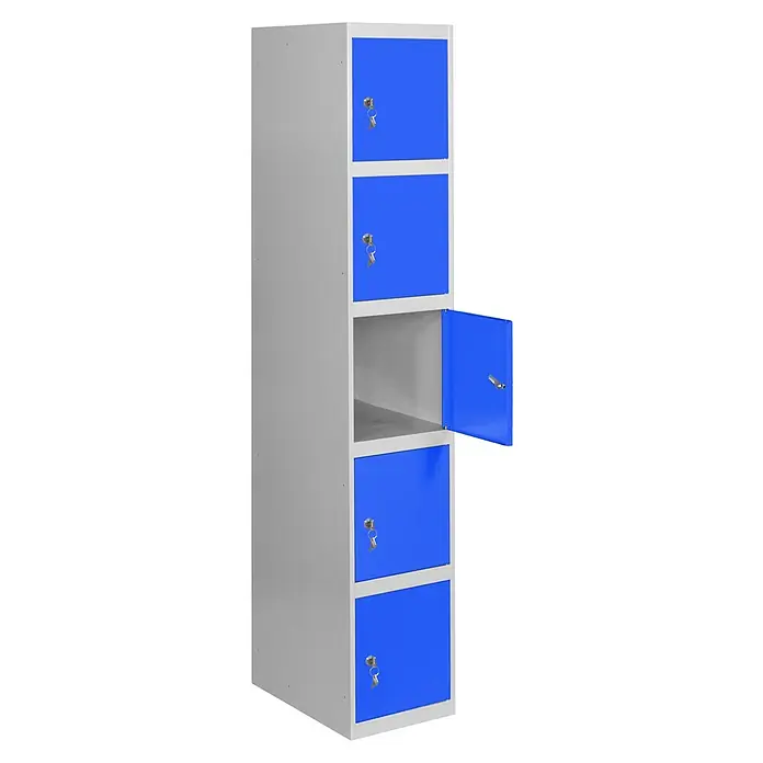 Simonrack Simonlocker Taquilla locker Prof. Doors - L x An x Al: 50 x 30 x 180 cm, Gris/Azul, Número de puertas: 5 ud. - Taquilla estrecha gris con cinco compartimentos azules, uno abierto. Ideal para escuelas u oficinas para guardar objetos personales de forma segura.