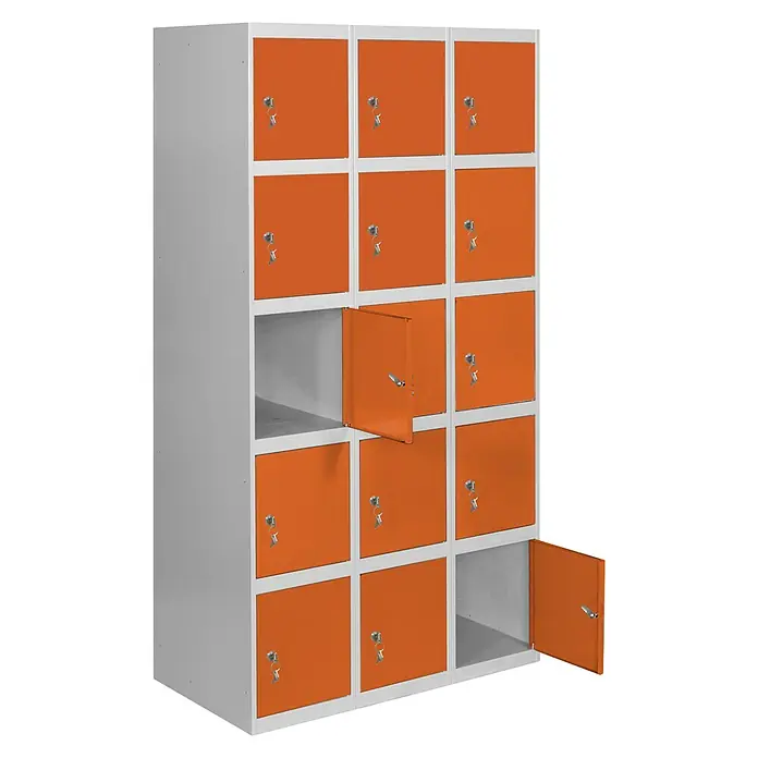 Simonrack Simonlocker Taquilla locker Prof. Doors - L x An x Al: 50 x 90 x 180 cm, Gris/Naranja, Número de puertas: 15 ud. - Imagen de un armario metálico gris con dieciséis puertas naranjas, dos de las cuales están abiertas. Ideal para oficina o escuela.