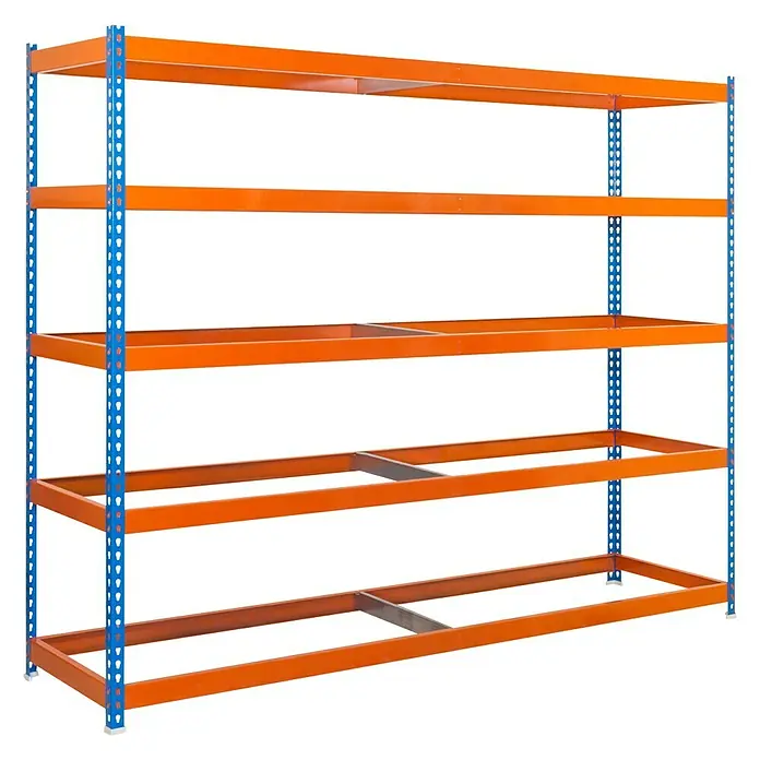 Simonrack Simonforte Estantería para cargas pesadas - Al x An x Pr: 200 x 210 x 90 cm, Número de baldas: 5 ud., Inserción, Azul/Naranja, Capacidad de carga por balda: 600 kg - Una estantería de almacén vacía de color naranja y azul con cinco niveles se presenta sobre un fondo negro.