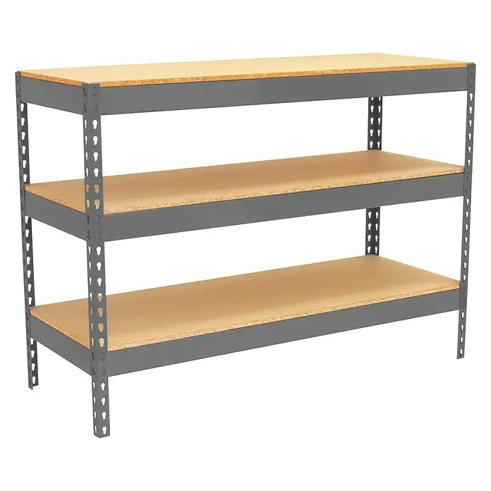 Simonrack Simonwork Werkbank Basic 3 - L x B: 45 x 120 cm, Arbeitshöhe: 90 cm, Belastbarkeit: 400 kg, Grau - Dreistufiges Schwerlastregal mit Metallrahmen und Holzregalböden, ideal für Werkstatt oder Garage zur Aufbewahrung von Werkzeugen und Materialien.