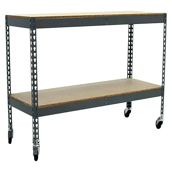 Simonrack Simonforte Estantería metálica Mobile Chipboard - Al x An x Pr: 97,5 x 150 x 75 cm, Inserción, Gris, Capacidad de carga por balda: 120 kg - Mesa de trabajo móvil con dos estantes. La mesa tiene una superficie de trabajo y un estante de almacenamiento de madera sobre una estructura metálica con ruedas.