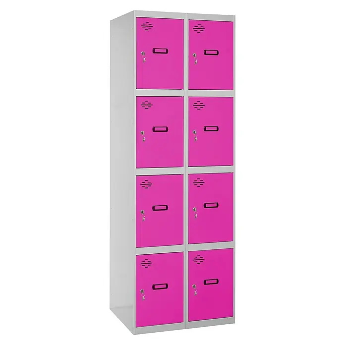 Simonrack Simonlocker Taquilla locker Prof. Doors - L x An x Al: 50 x 60 x 180 cm, Número de puertas: 8 ud., Gris/Rosa - Un armario de taquillas rosa con ocho compartimentos, ideal para escuelas o vestuarios, que ofrece un amplio espacio de almacenamiento y seguridad con cerraduras.