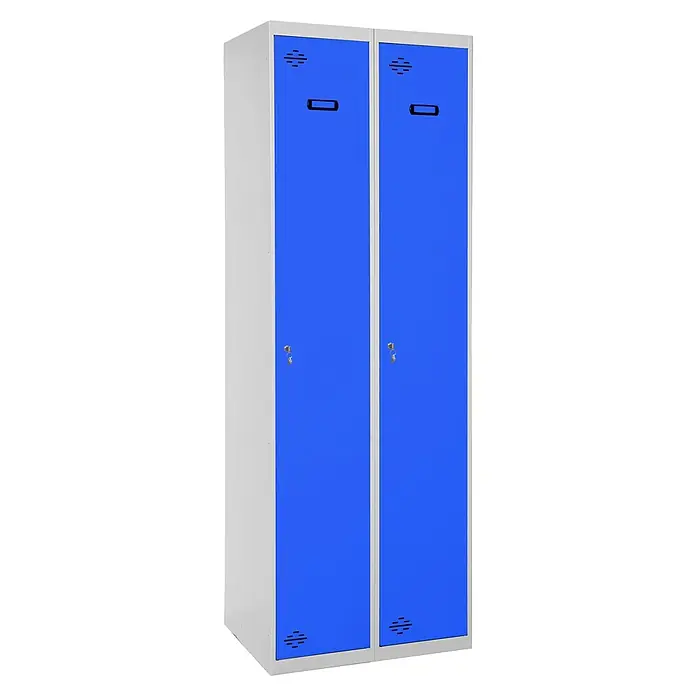 Simonrack Simonlocker Taquilla Prof. Single-Divider - L x An x Al: 50 x 100 x 180 cm, Número de puertas: 2 ud., Gris/Azul - Toma de un armario doble azul con marco plateado, que ofrece una solución de almacenamiento robusta y segura.