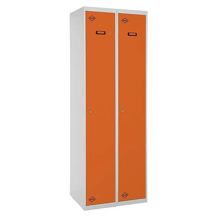 Simonrack Simonlocker Taquilla Prof. Single-Divider - L x An x Al: 50 x 100 x 180 cm, Número de puertas: 2 ud., Gris/Naranja - Taquilla de dos puertas con marco blanco y puertas naranjas, con ranuras de ventilación y cerraduras. Ideal para entornos deportivos o industriales.