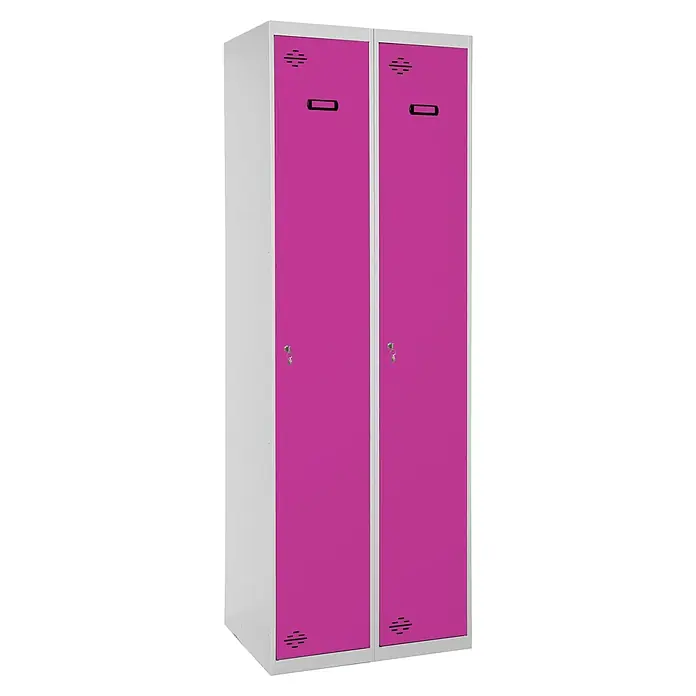 Simonrack Simonlocker Taquilla Prof. Single-Divider - L x An x Al: 50 x 100 x 180 cm, Número de puertas: 2 ud., Gris/Rosa - Un armario metálico gris de dos puertas con puertas rosas llamativas, ideal para vestuarios o instalaciones deportivas.