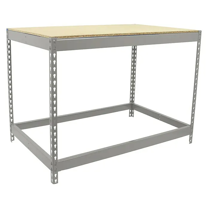 Simonrack Simonwork Werkbank Basic 1 - L x B: 90 x 120 cm, Arbeitshöhe: 90 cm, Belastbarkeit: 400 kg, Silber - Ein stabiler Werkstatttisch mit einer robusten Holzplatte und einem stabilen, grauem Metallgestell für Werkstattarbeiten und Lagerung.