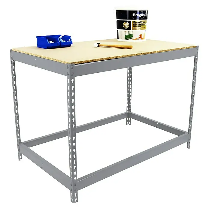 Simonrack Simonwork Werkbank Basic 1 - L x B: 90 x 120 cm, Arbeitshöhe: 90 cm, Belastbarkeit: 400 kg, Silber - Werkbank mit Holztischplatte, Farbeimer, Werkzeug und blauem Werkzeugkasten, ideal für Heimwerkerarbeiten.
