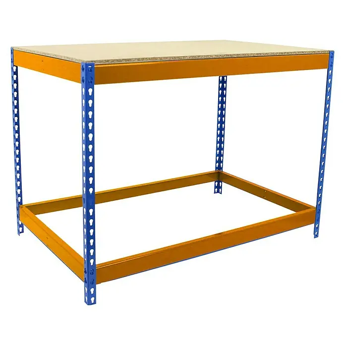 Simonrack Simonwork Werkbank Basic 1 - L x B: 45 x 180 cm, Arbeitshöhe: 90 cm, Belastbarkeit: 400 kg, Orange/Blau - Ein robustes Lagerregal mit Holzplatte, ideal für Werkstatt oder Lagerraum. Das Regal ist stabil und einfach zu montieren.