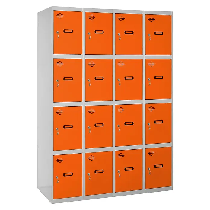 Simonrack Simonlocker Taquilla locker Prof. Doors - L x An x Al: 50 x 120 x 180 cm, Gris/Naranja, Número de puertas: 16 ud. - Vista de un armario con varias taquillas naranjas con marcos grises, ideal para gimnasios o escuelas para un almacenamiento seguro.