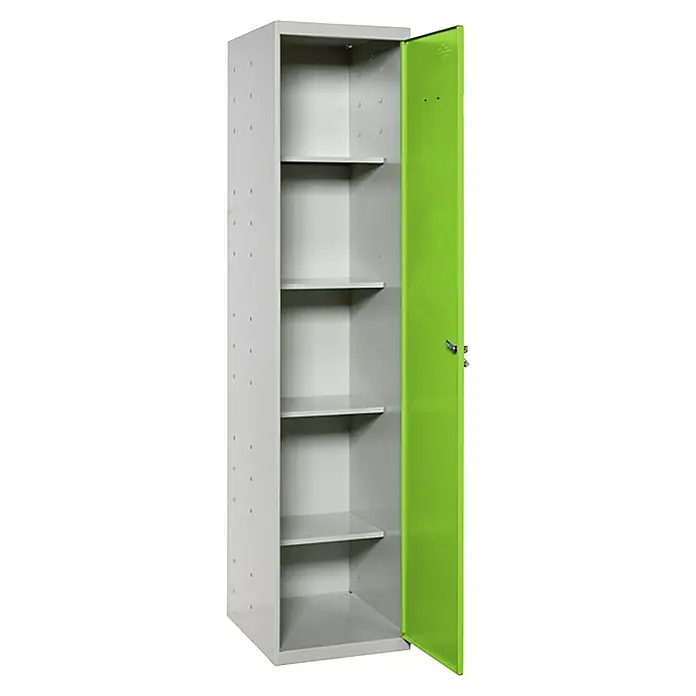 Simonrack Simonlocker Armario multiusos metálico Cleaning - L x An x Al: 40 x 40 x 180 cm, Número de puertas: 1 ud., Gris/Verde - Armario metálico abierto con estantes y puerta verde, ideal para oficinas o talleres para un almacenamiento claro.