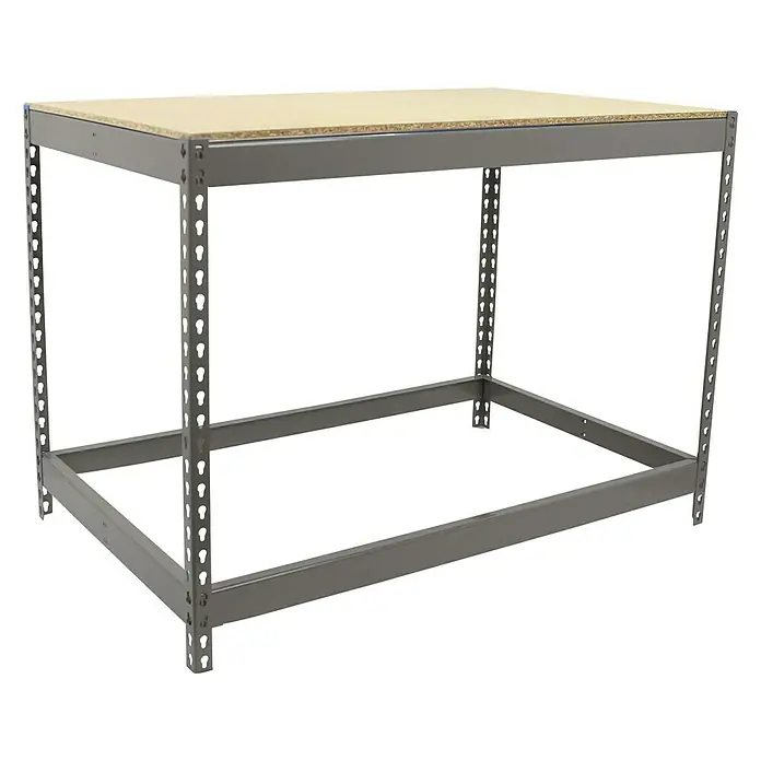 Simonrack Simonwork Werkbank Basic 1 - L x B: 60 x 150 cm, Arbeitshöhe: 90 cm, Belastbarkeit: 400 kg, Grau - Stabiler Werkstatttisch mit grauem Metallrahmen und einer Arbeitsplatte aus Holz für Werkstattarbeiten.