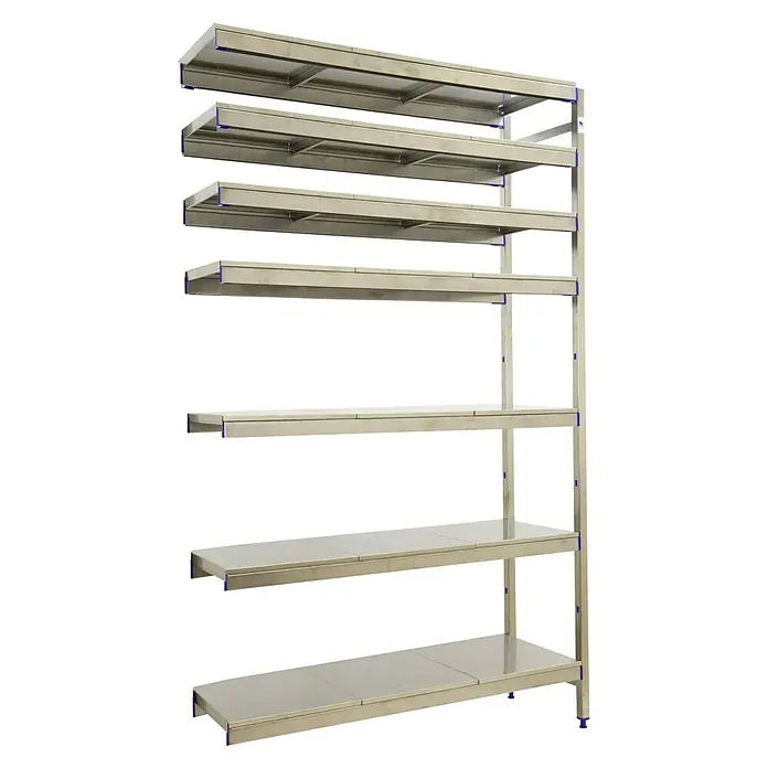 Simonrack Simoninox Metallregal Anbauelement - H x B x T: 200 x 126 x 50 cm, Traglast pro Boden: 200 kg, Anzahl Böden: 7 Stk., Stecken, Material Boden: Edelstahl - Das Bild zeigt ein professionelles Anzuchtregal mit mehreren Ebenen, ideal für Pflanzenzucht. Die robuste Konstruktion gewährleistet Stabilität.