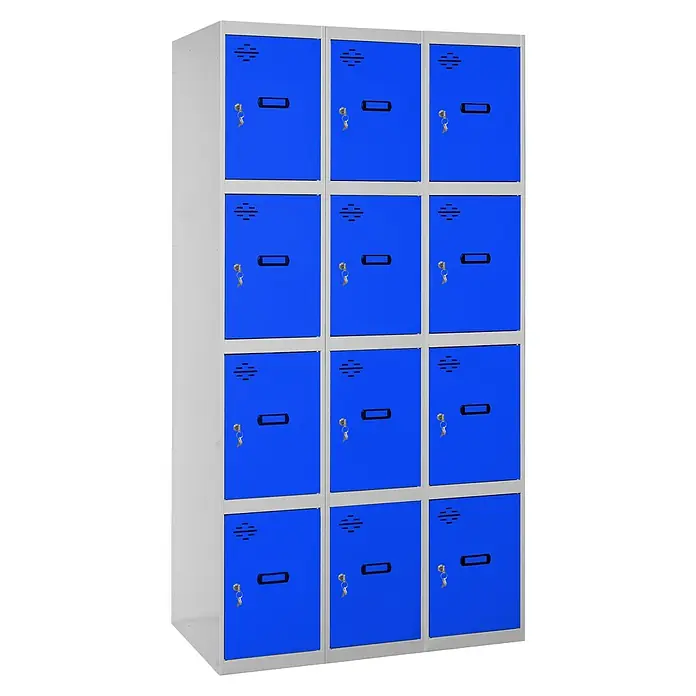 Simonrack Simonlocker Taquilla locker Prof. Doors - L x An x Al: 50 x 120 x 180 cm, Gris/Azul, Número de puertas: 12 ud. - Un armario azul con doce compartimentos y llaves en un gimnasio o una escuela.