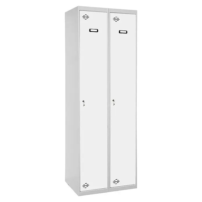 Simonrack Simonlocker Taquilla Prof. Single-Divider - L x An x Al: 50 x 100 x 180 cm, Número de puertas: 2 ud., Gris/Blanco - Un armario doble blanco con asas, ranuras de ventilación y llaves para un almacenamiento seguro en deportes u oficina.