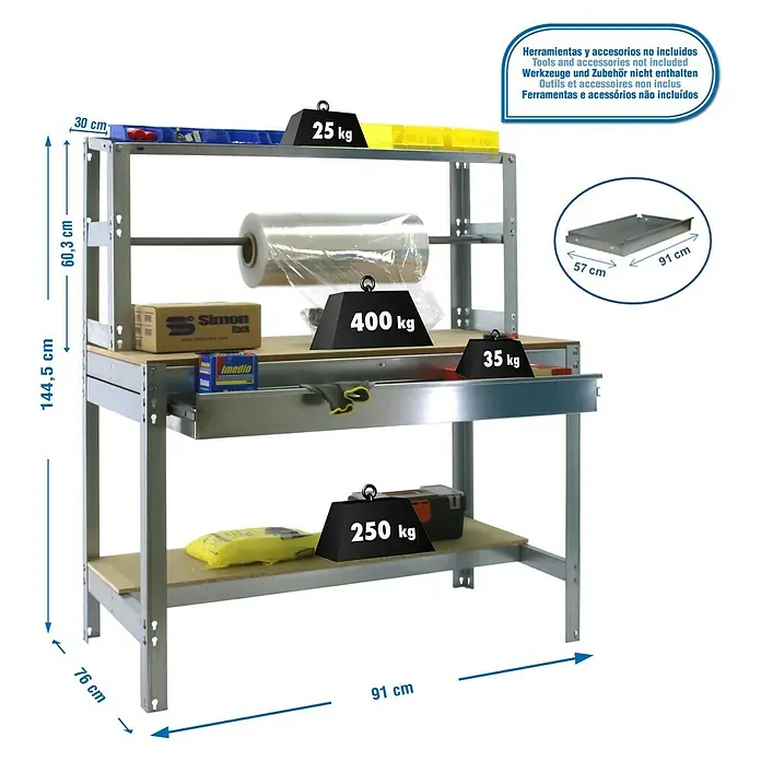Simonrack Simonwork Werkbank BT4 Box 900 - L x B: 76 x 91 cm, Arbeitshöhe: 144,5 cm, Belastbarkeit: 675 kg, Silber - Produktbild eines robusten Werkstatttisches mit mehreren Ebenen und Gewichtsangaben, ideal für schwere Arbeiten.