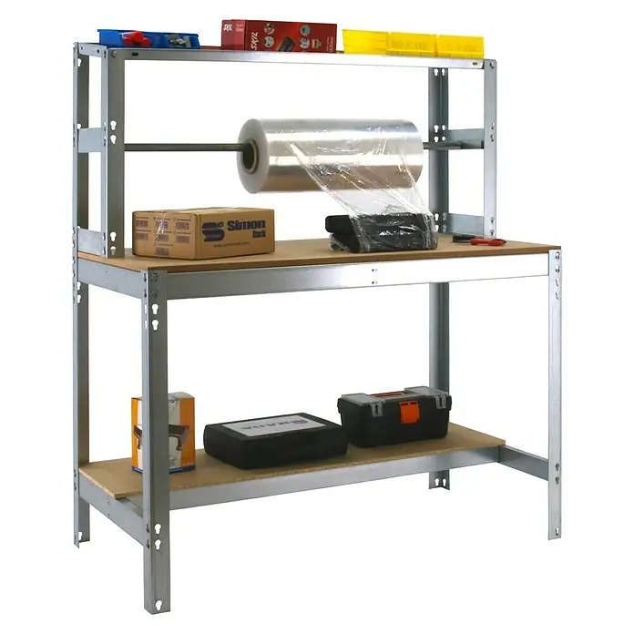 Simonrack Simonwork Werkbank BT4 1500 - L x B: 76 x 151 cm, Arbeitshöhe: 144,5 cm, Belastbarkeit: 875 kg, Silber - Werkbank mit viel Stauraum. Die Werkbank ist mit einer Folienrolle, Kartons und Werkzeugkisten ausgestattet. Perfekt für Werkstätten und Garagen.