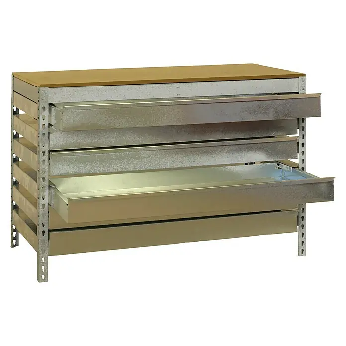 Simonrack Simonwork Werkbank BT5 Box 6 900 - L x B: 61 x 91 cm, Arbeitshöhe: 84,2 cm, Verzinkt - Metallschrank mit Holzplatte und herausziehbaren Fächern, ideal für Werkstatt oder Lager. Praktisch und robust für die Aufbewahrung.
