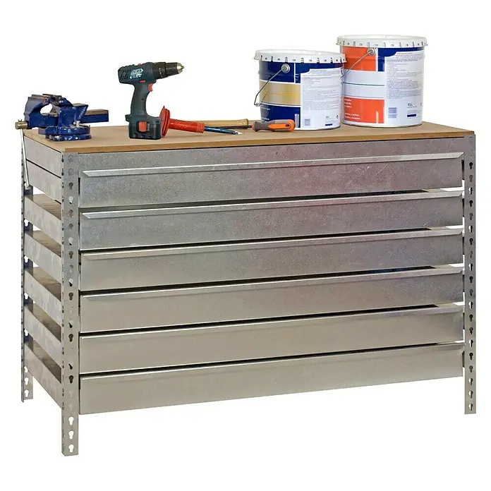Simonrack Simonwork Werkbank BT5 Box 6 900 - L x B: 61 x 91 cm, Arbeitshöhe: 84,2 cm, Verzinkt - Werkbank mit Schubladen und Werkzeugen wie Schraubstock, Bohrmaschine und Farbe.