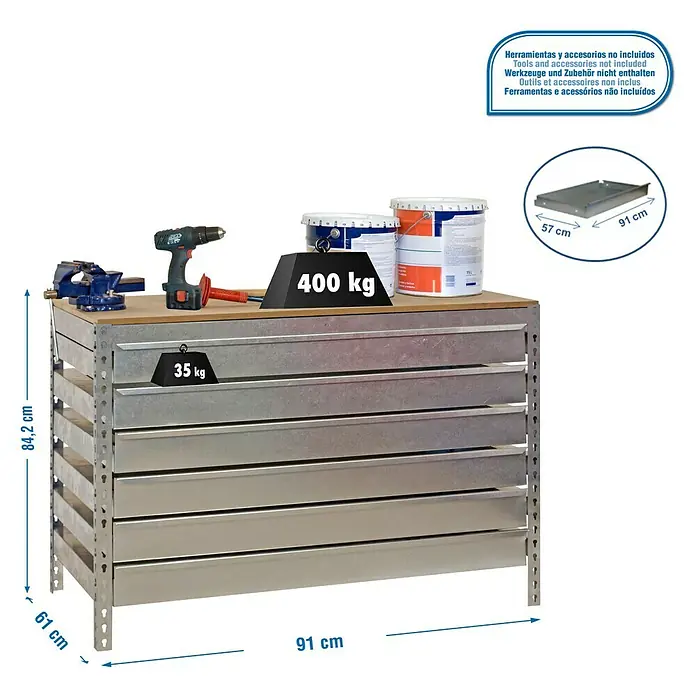Simonrack Simonwork Werkbank BT5 Box 6 900 - L x B: 61 x 91 cm, Arbeitshöhe: 84,2 cm, Verzinkt - Werkbank mit Schubladen zur Aufbewahrung von Werkzeugen und Zubehör, mit Gewichtsangaben und Abmessungen.