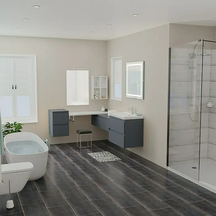 Camargue Espacio Badmöbel-Set X24 - 160 x 200 cm, Gama anthrazit matt - Ein Badezimmer mit grauen Waschtischen, einer Badewanne und einer Duschkabine mit Glastüren und schwarzen Beschlägen.