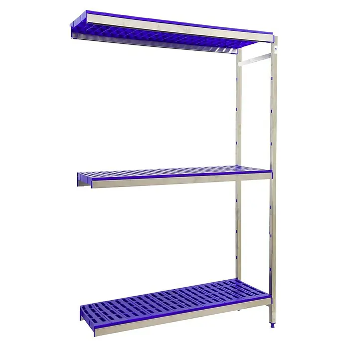 Simonrack Simoninox Metallregal Anbauelement - H x B x T: 200 x 166 x 50 cm, Traglast pro Boden: 180 kg, Anzahl Böden: 3 Stk., Stecken, Material Boden: Kunststoff - Ein dreistufiges Schwerlastregal mit blauen Ablagen und silberfarbenen Metallrahmen, ideal für Lagerung und Organisation.