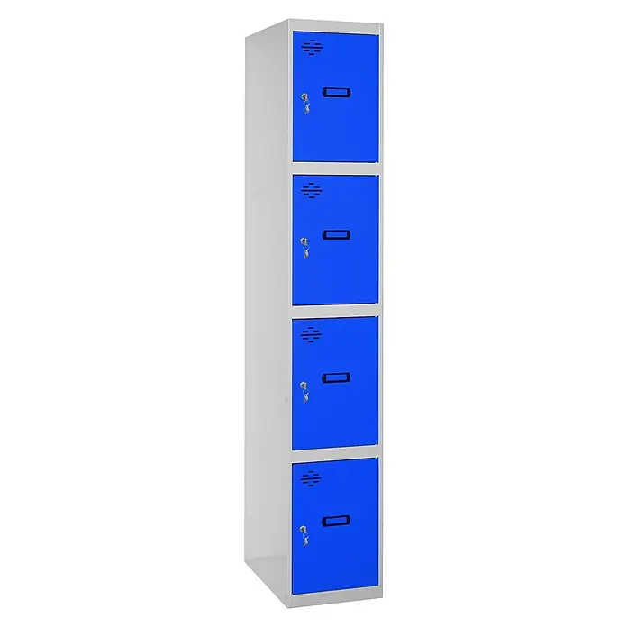 Simonrack Simonlocker Taquilla locker Prof. Doors - L x An x Al: 50 x 40 x 180 cm, Gris/Azul, Número de puertas: 4 ud. - Imagen de una taquilla metálica azul con cuatro compartimentos. Cuenta con ranuras de ventilación, cerraduras con llave y portavasos para cada taquilla.