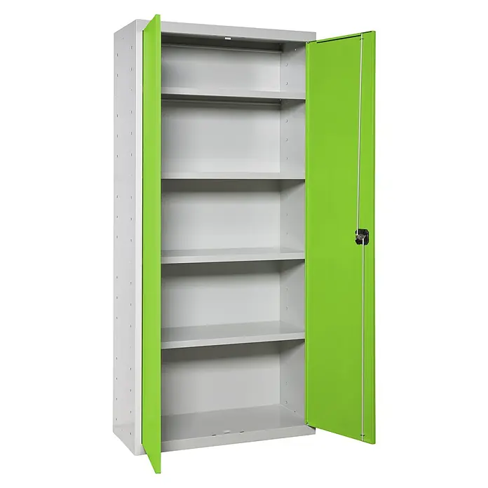 Simonrack Simonlocker Armario multiusos metálico Multi Professional - L x An x Al: 40 x 60 x 180 cm, Número de puertas: 2 ud., Gris/Verd - Esta imagen muestra un armario metálico con puertas verdes abiertas, mostrando varios estantes en su interior. El armario está vacío y sobre un fondo negro.