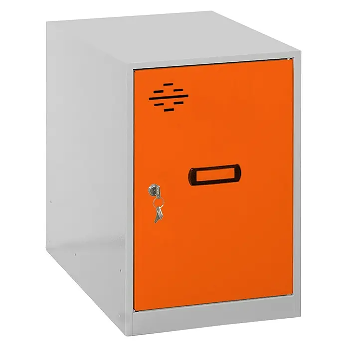 Simonrack Simonlocker Taquilla Mini - L x An x Al: 50 x 30 x 45 cm, Número de puertas: 1 ud., Gris/Naranja - Un armario naranja con marco blanco y cerradura con llave. Perfecto para guardar objetos personales de forma segura.