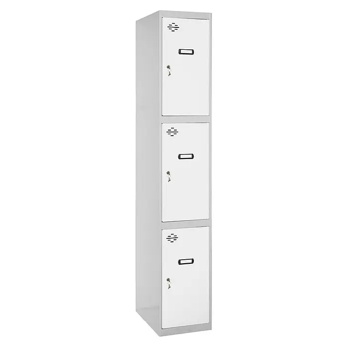 Simonrack Simonlocker Taquilla locker Prof. Doors - L x An x Al: 50 x 40 x 180 cm, Gris/Blanco, Número de puertas: 3 ud. - Taquilla de acero gris de tres niveles con llaves. Perfecto para oficinas o escuelas, proporciona almacenamiento seguro.