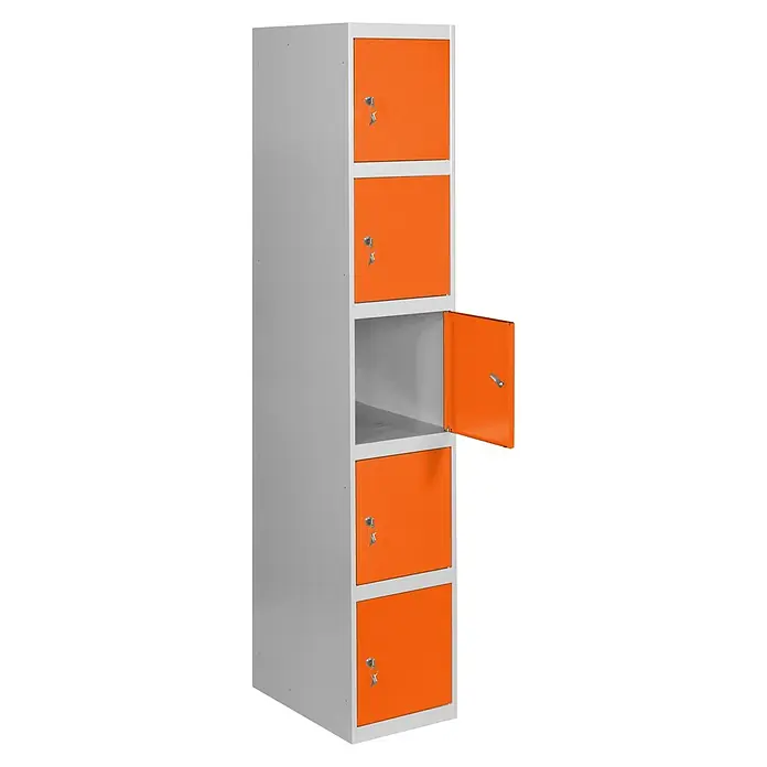 Simonrack Simonlocker Taquilla locker Prof. Doors - L x An x Al: 50 x 30 x 180 cm, Gris/Naranja, Número de puertas: 5 ud. - Taquilla gris con cinco compartimentos y puertas naranjas, una puerta abierta que revela el interior.