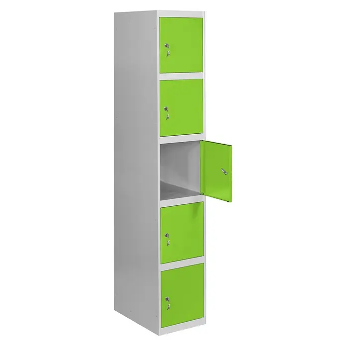 Simonrack Simonlocker Taquilla locker Prof. Doors - L x An x Al: 50 x 30 x 180 cm, Gris/Verde, Número de puertas: 5 ud. - Taquilla metálica con cinco compartimentos y puertas verdes, uno de ellos abierto, ideal para guardar pertenencias personales.