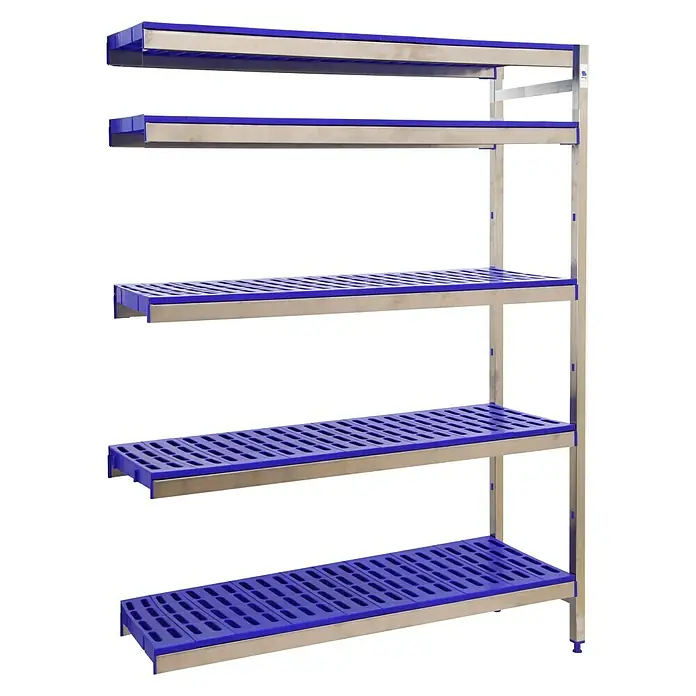 Simonrack Simoninox Metallregal Anbauelement - H x B x T: 200 x 86 x 40 cm, Traglast pro Boden: 180 kg, Anzahl Böden: 5 Stk., Stecken, Material Boden: Kunststoff - Dieser Artikel zeigt ein blaues Schwerlastregal mit Stahlrahmen. Es bietet robusten Stauraum für verschiedenste Anwendungen.