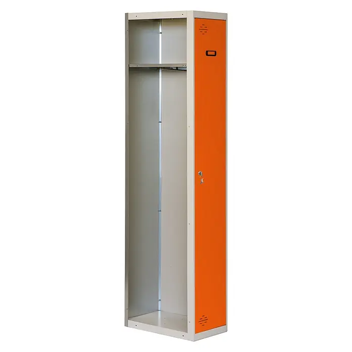 Simonrack Simonlocker Taquilla Single Adicional Desmontada - L x An x Al: 50 x 40 x 180 cm, Número de puertas: 1 ud., Gris/Naranja - Una taquilla abierta con una puerta naranja que tiene una cerradura y ranuras de ventilación para favorecer la circulación del aire en el interior.